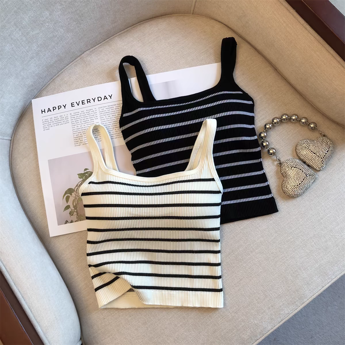 Ribbed Stripes Built-In Bra Tank Top
